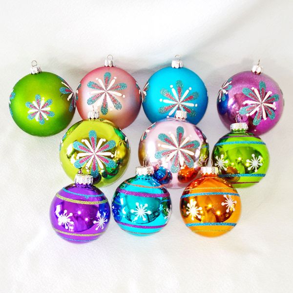 10 Retro Style Colorful Glittered Glass Christmas Ornaments