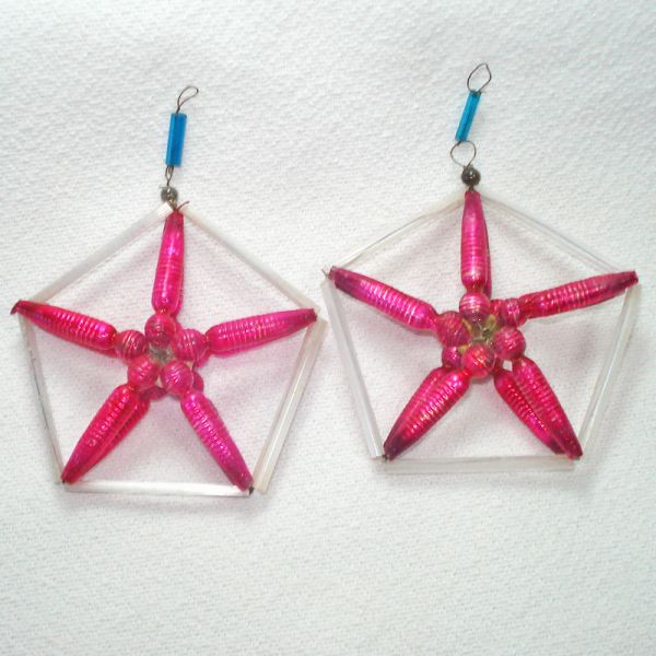 Pair Czech Wire Beaded Pink White Glass Christmas Ornaments
