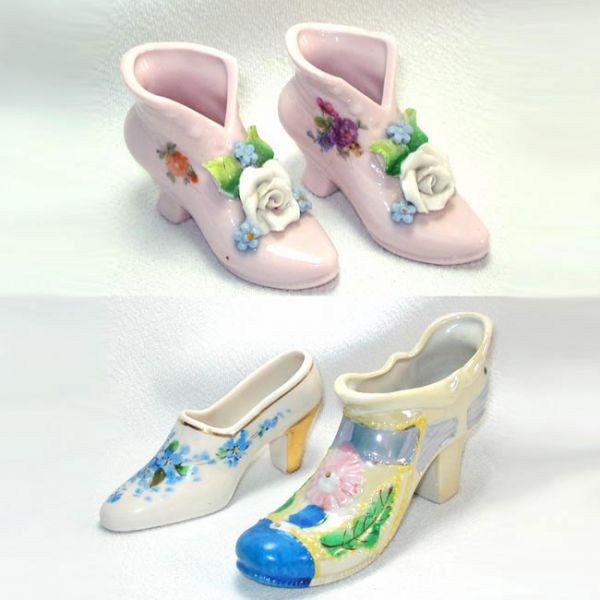 4 Decorative Flowered Porcelain Shoe Slipper Figurines Clearance