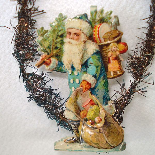 4 Antique Tinsel Paper Scrap Belsnickel Santa Christmas Ornaments Clearance #4