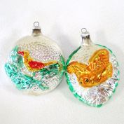 Pair West Germany Embossed Birds Glass Christmas Ornaments