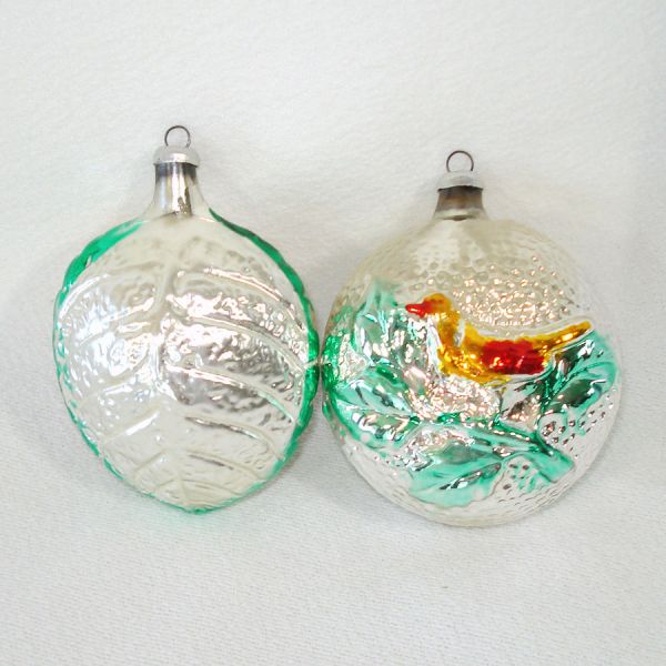 Pair West Germany Embossed Birds Glass Christmas Ornaments #2