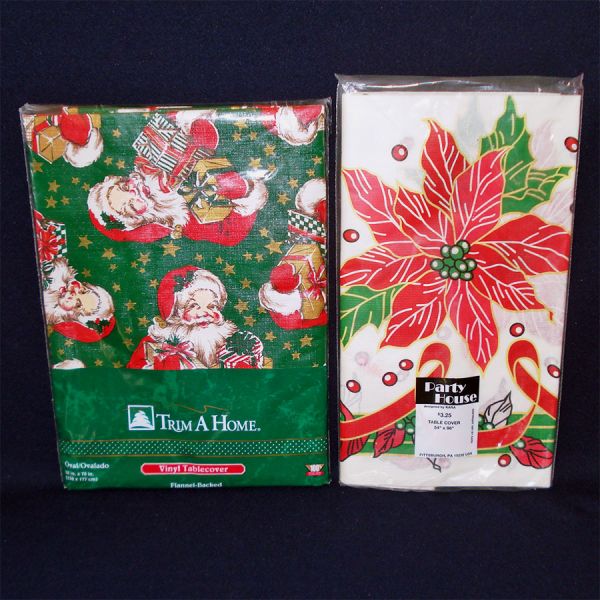Pair Vintage Christmas Santa, Poinsettia Tablecloths Sealed Packages