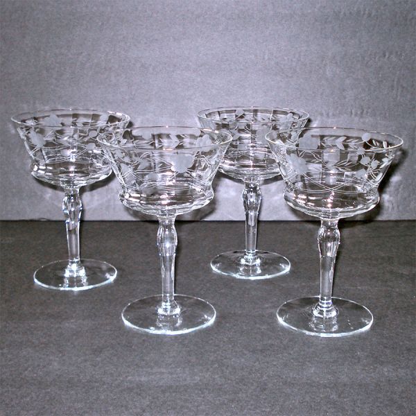 4 Paneled Optic Crystal Liquor Cocktail Stems Cut Swags Flowers #2