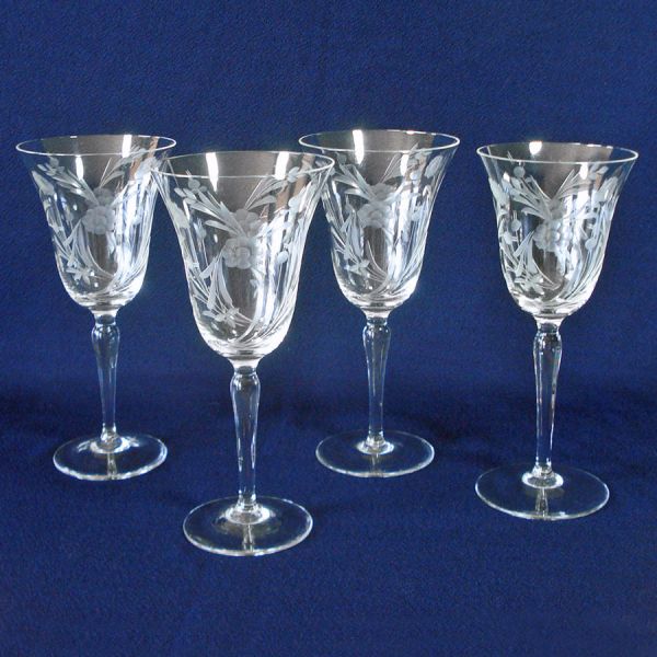 Set 4 Crystal Water Goblets Flower Spray Cutting