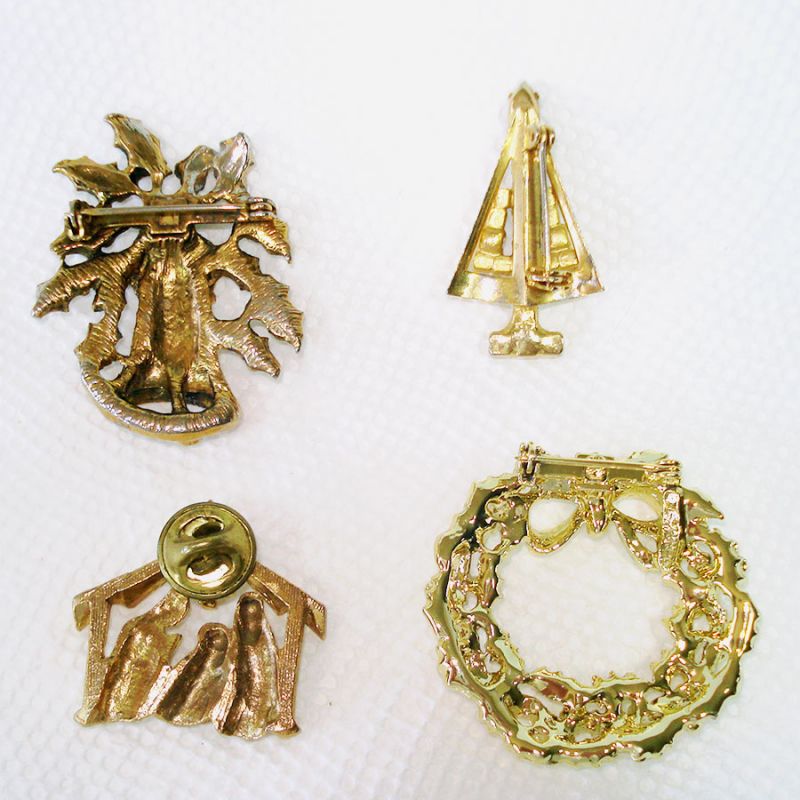 Lot 4 Enamel, Rhinestone Christmas Jewelry Pins Brooches