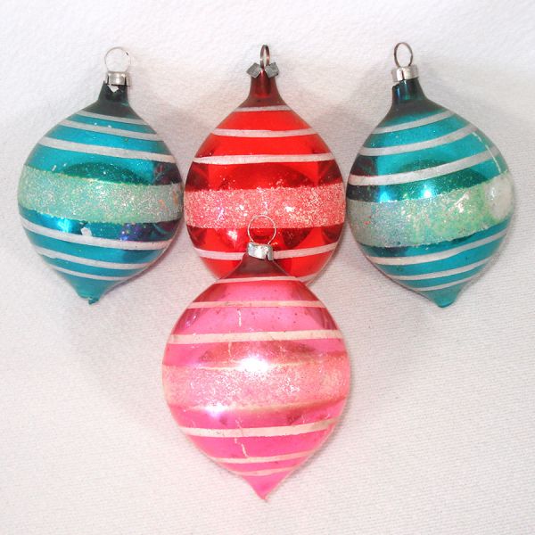 6 West Germany Teardrop Glass Christmas Ornaments Mica Stripes #2