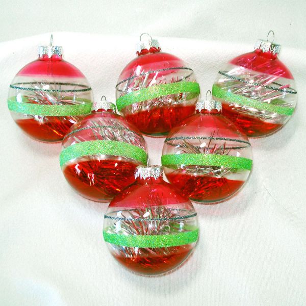 6 Modern Unsilvered Glass Stripes Tinsel Christmas Ornaments
