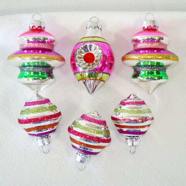 6 Colorful Glittered Silvered Shapes Christmas Ornaments