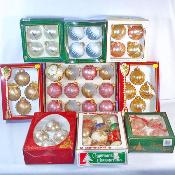 Nine Boxes Glass Christmas Ornaments Circa 1980 Clearance