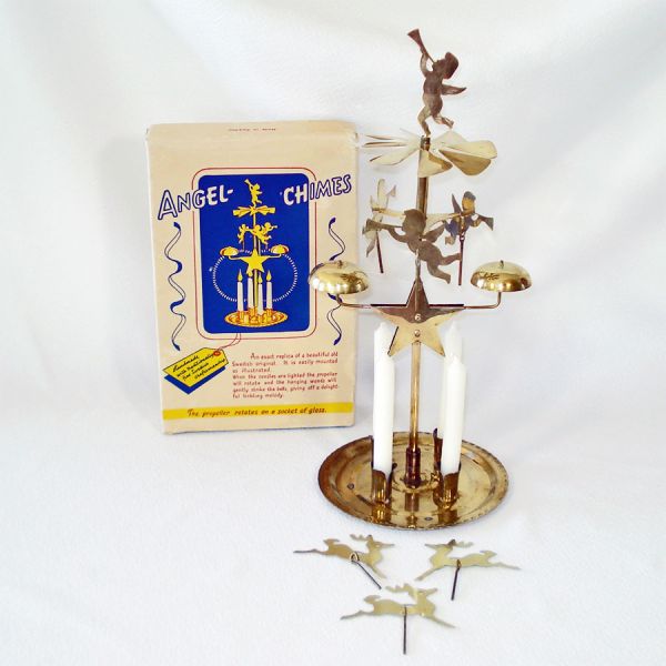 Box 1940s Swedish Brass Angel Reindeer Christmas Candle Chimes
