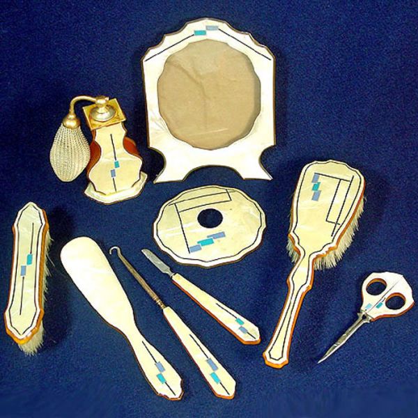 Art Deco Celluloid 9 Piece Vanity Dresser Set With Perfume, Frame Clearance