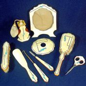 Art Deco Celluloid 9 Piece Vanity Dresser Set With Perfume, Frame