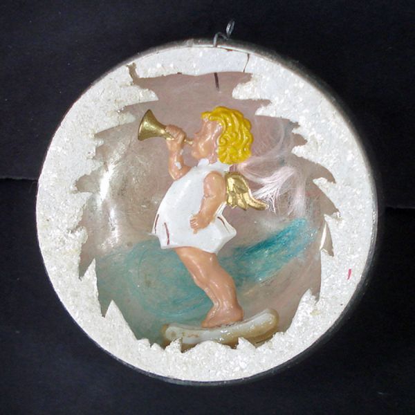 German Glass Angel Horn Diorama Scene Christmas Ornament