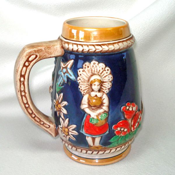 West German Ceramic Alps Couple Beer Stein Luster Cobalt