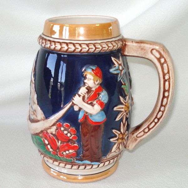 West German Ceramic Alps Couple Beer Stein Luster Clearance Cobalt #2