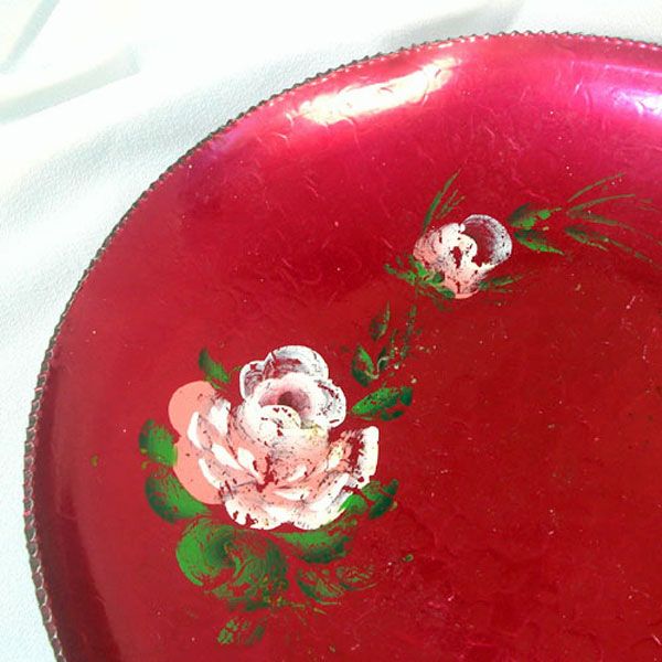 Large Magenta Anodized Hammered Aluminum Bowl Painted Roses #2