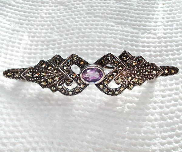 Sterling, Marcasite, Amethyst Colored Brooch #2