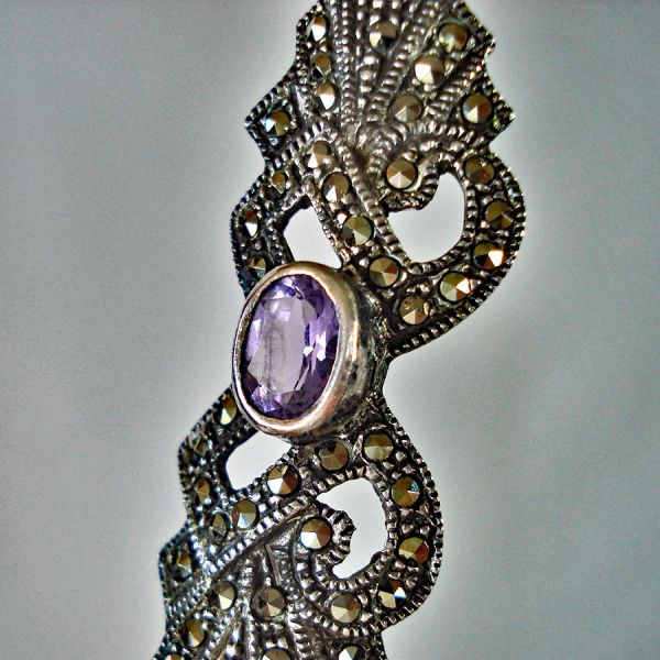 Sterling, Marcasite, Amethyst Colored Brooch #3