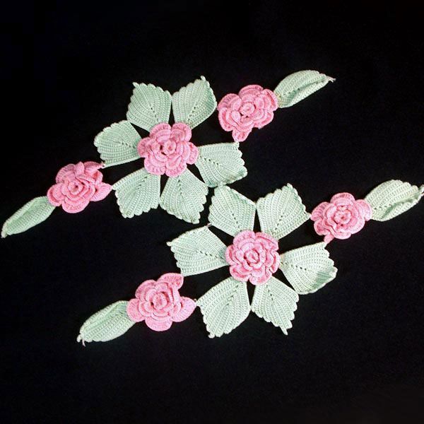 Pink Green Roses Crochet Antimacassar Chair Doily Set #3