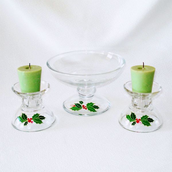 Avon Christmas Holly Glass Candlesticks, Console Bowl #2