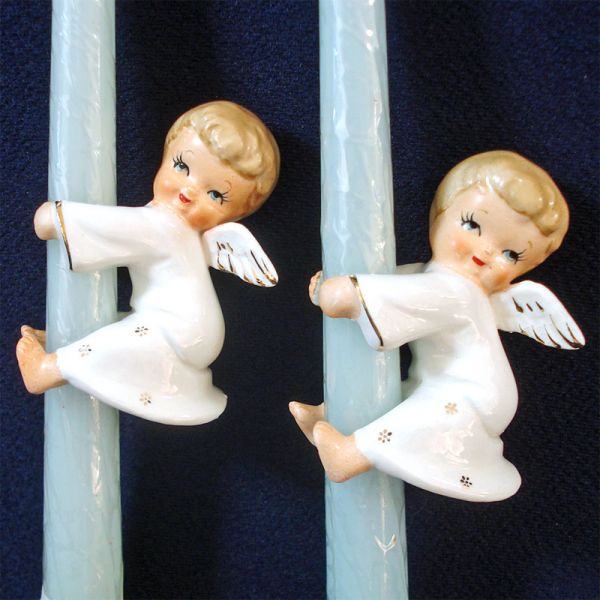 Ceramic Christmas Angel Candle Huggers Climbers Pair 1950s #4