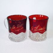 Duncan Button Arches Pair EAPG Ruby Stained Souvenir Mugs Clearance