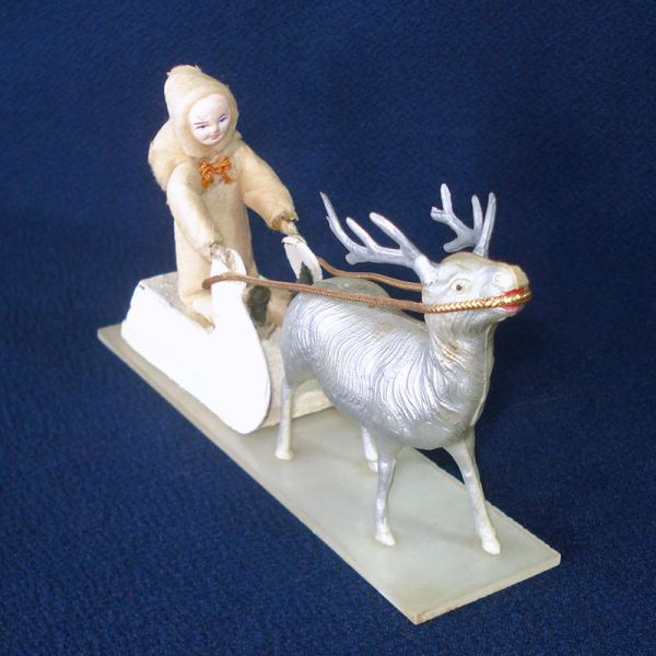 Cotton Batting Child on Sled Christmas Display With Reindeer #1
