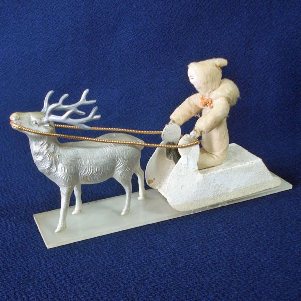Cotton Batting Child on Sled Christmas Display With Reindeer #3