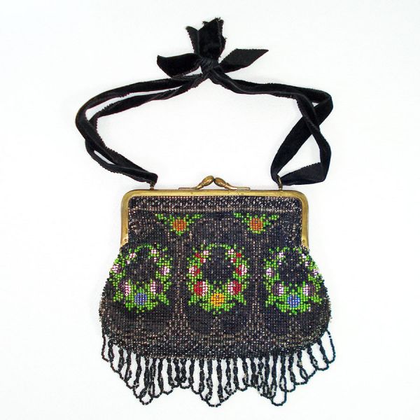 Antique Floral Glass Beaded Fringed Handbag Purse