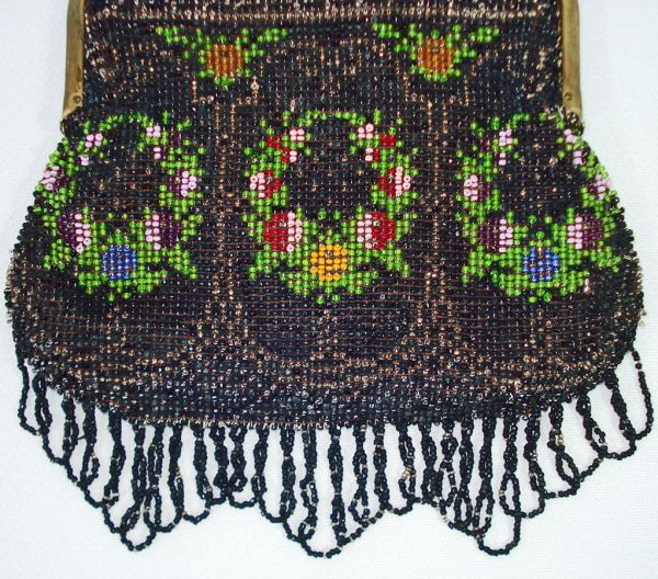 Antique Floral Glass Beaded Fringed Handbag Purse #2