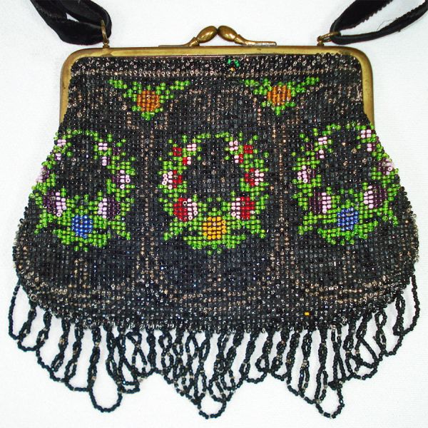 Antique Floral Glass Beaded Fringed Handbag Purse #3