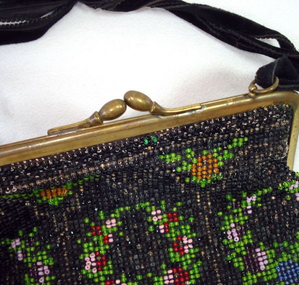 Antique Floral Glass Beaded Fringed Handbag Purse #4