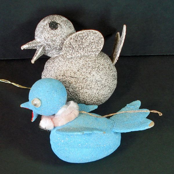 Pair 1950s Mica Glitter Bird Christmas Ornaments Clearance