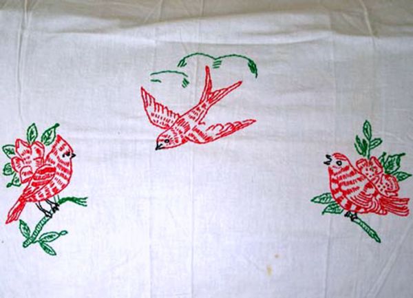 Hand Embroidered Red Birds Kitchen Curtains, 3 Panels Clearance #4