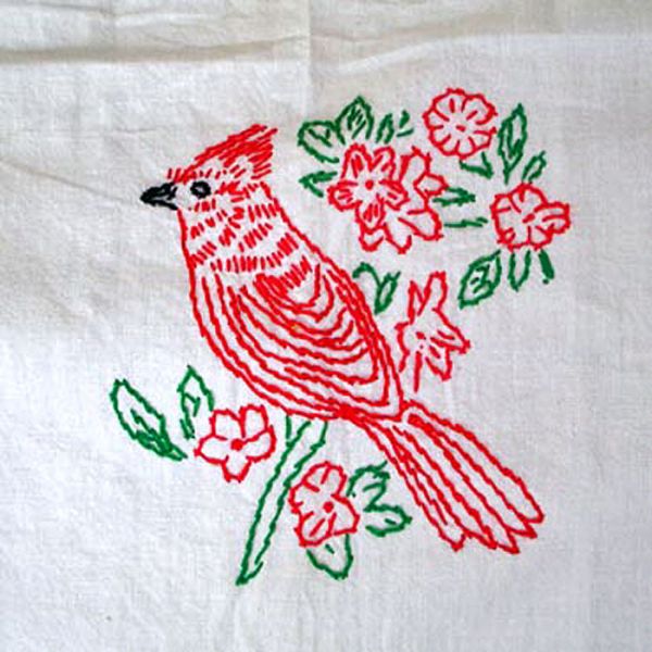 Hand Embroidered Red Birds Kitchen Curtains, 3 Panels Clearance