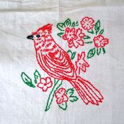 Hand Embroidered Red Birds Kitchen Curtains, 3 Panels Clearance