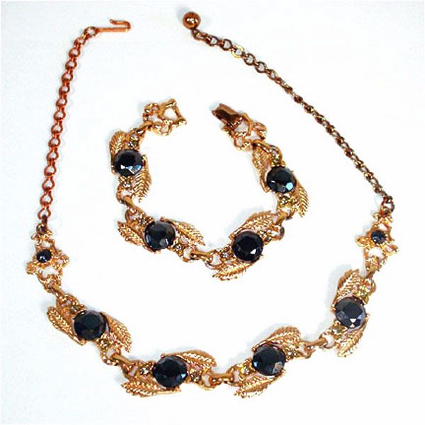 Black Glass Linked Leaf Setting Demi Parure Necklace Clearance and Bracelet