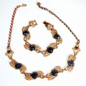 Black Glass Linked Leaf Setting Demi Parure Necklace Clearance and Bracelet