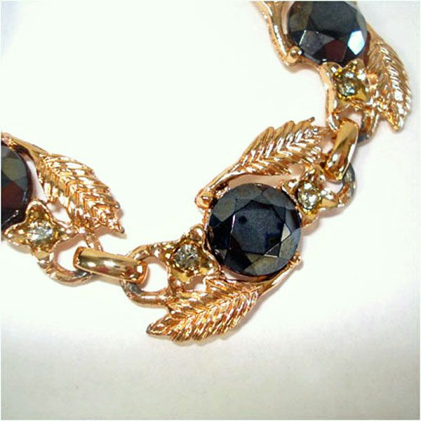 Black Glass Linked Leaf Setting Demi Parure Necklace Clearance and Bracelet #4