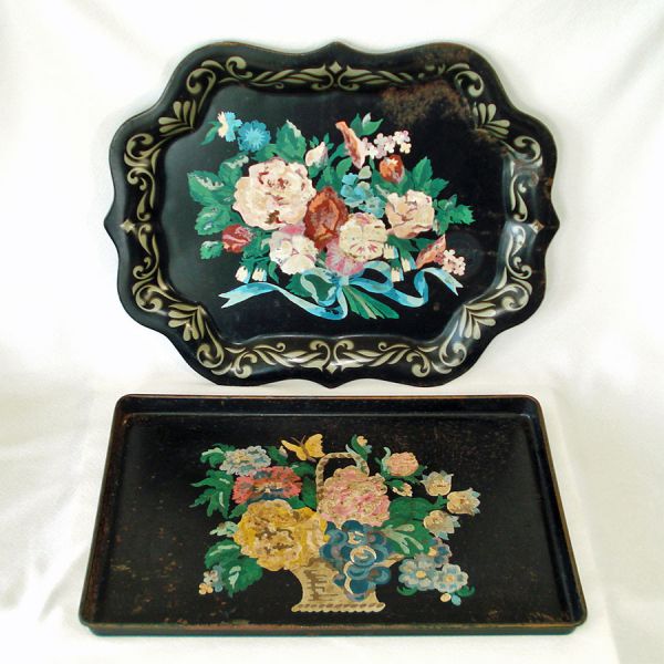 1950s Floral Paint By Number Metal Tole Trays Pair