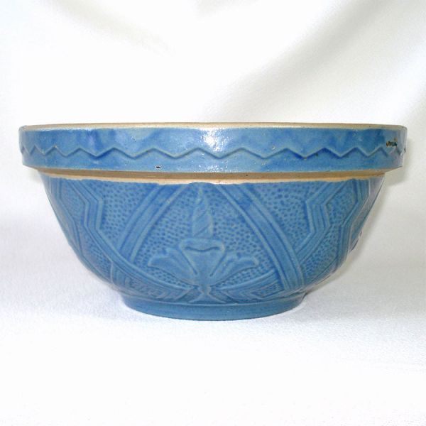 Blue Yellowware Number 10 Shoulder Mixing Bowl Flower Motifs