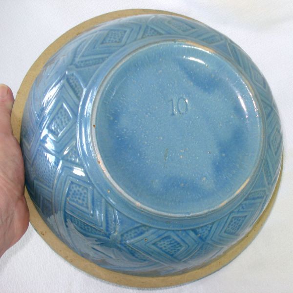 Blue Yellowware Number 10 Shoulder Mixing Bowl Flower Motifs #5