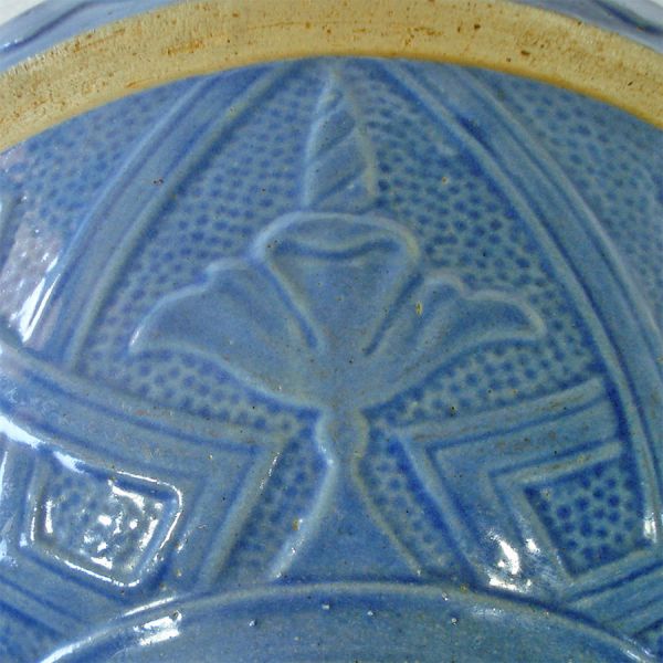 Blue Yellowware Number 10 Shoulder Mixing Bowl Flower Motifs #6