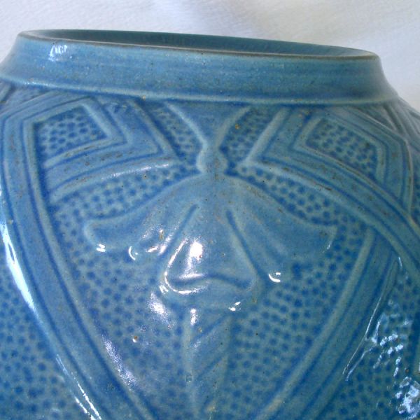 Blue Yellowware Number 10 Shoulder Mixing Bowl Flower Motifs #7