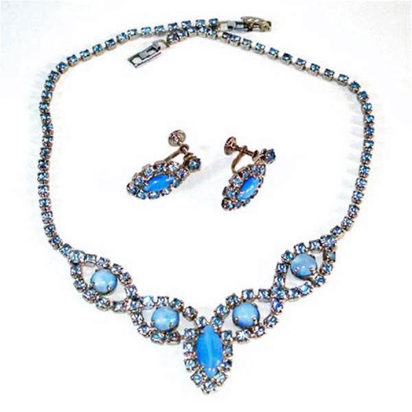 Blue Rhinestone and Moonglow Necklace Earrings Set Clearance
