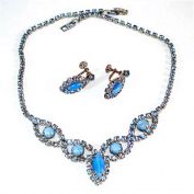 Blue Rhinestone and Moonglow Necklace Earrings Set Clearance