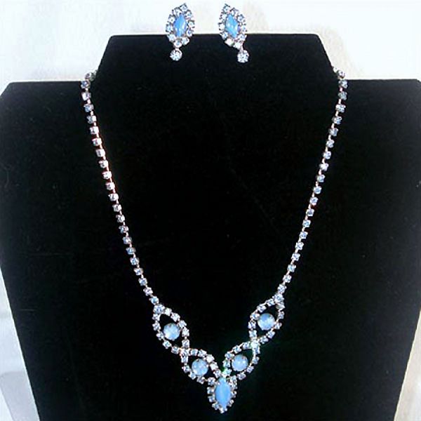 Blue Rhinestone and Moonglow Necklace Earrings Set #6