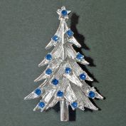 Blue Rhinestones Silvertone Christmas Tree Brooch Pin