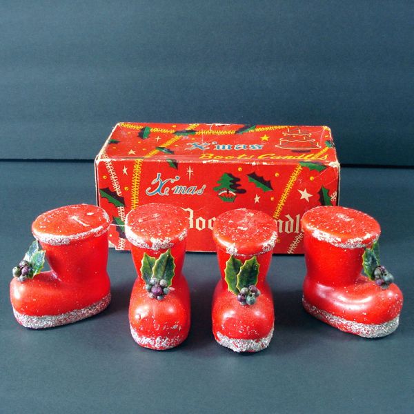 Box Santa Boots Christmas Candles With Holly, Beads Clearance #3